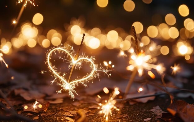 Sparklers forming hearts shape against blurry backround