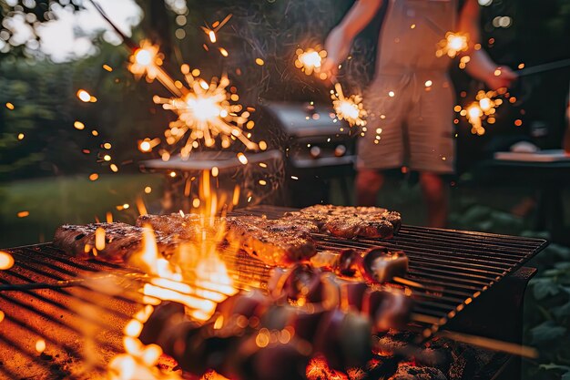 Photo sparklers illuminating a celebratory outdoor barbecue