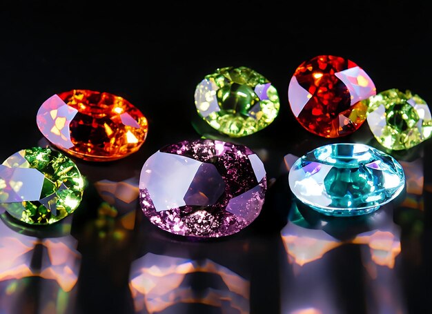 Photo sparkling bright colored gemstones on a black background mysterious concept