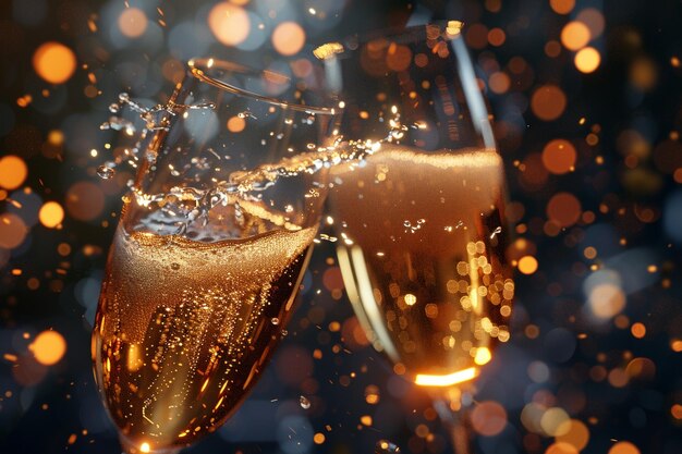 Photo sparkling champagne glasses clinking in celebratio