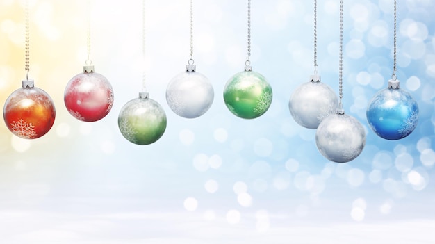 Sparkling Christmas ornaments Christmas balls on a snowy background Copy space