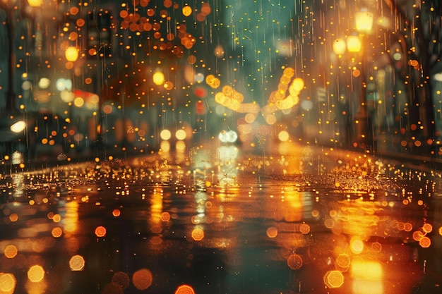 Sparkling city lights reflected in a rainy street