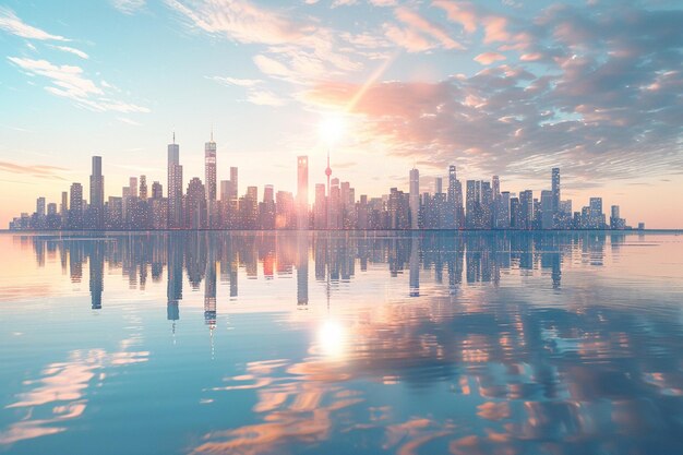 Sparkling city skyline reflected in calm waters oc