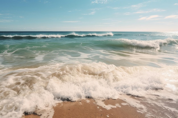 Sparkling clear ocean waves rolling onto the shore created with generative ai