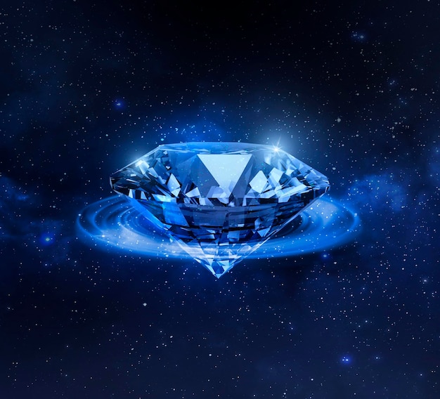 Sparkling diamonds floating in the Planet view from space 3d render