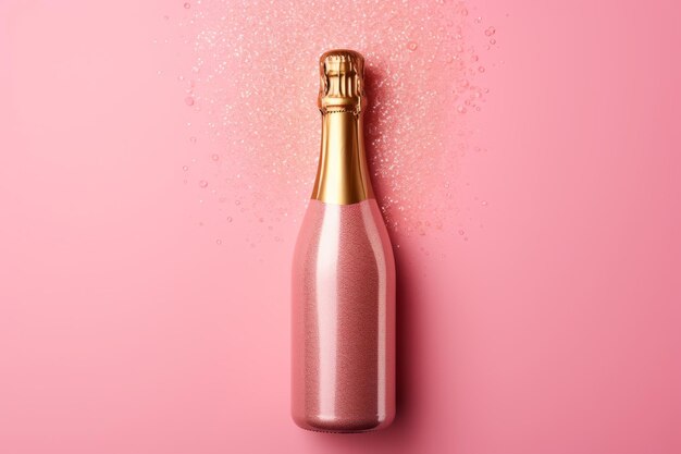 Sparkling elegance glamorous pink and gold champagne bottle adorned with golden glitter set agains