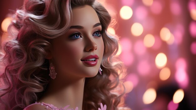 Sparkling eyes smiling lips Closeup Barbie beauty Created with Generative AI