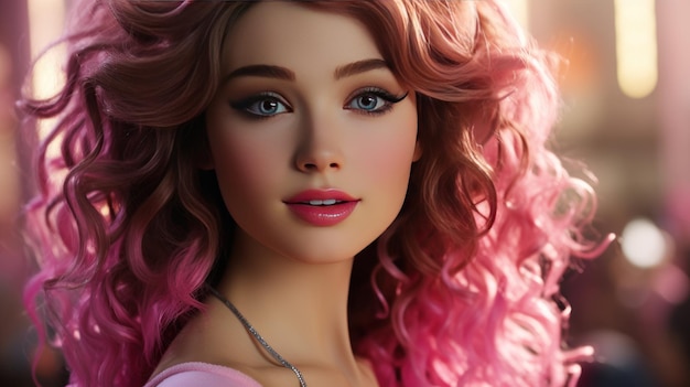 Sparkling eyes smiling lips Closeup Barbie beauty Created with Generative AI