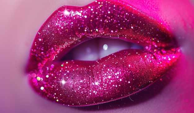 Photo sparkling glamour closeup of sparkling pink and purple glitter lips illuminated by ethereal light perfect for beauty and fashion concepts