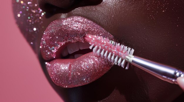 Sparkling Glitter Lips Being Brushed with a Cosmetic Brush on Pink Background