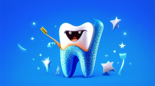 Foto dente del personaggio dei cartoni animati felice scintillante sullo sfondo blu il concetto di assistenza sanitaria dentale