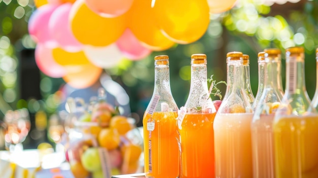 Photo sparkling juice and water bottles decorated with balloons are served to keep the guests refreshed
