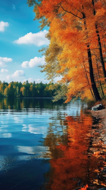 Sparkling lake with reflections of autumn trees wallpaper for the phone