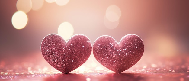 光沢のある背景にピンクのグリッターに輝く愛の 2 つの心