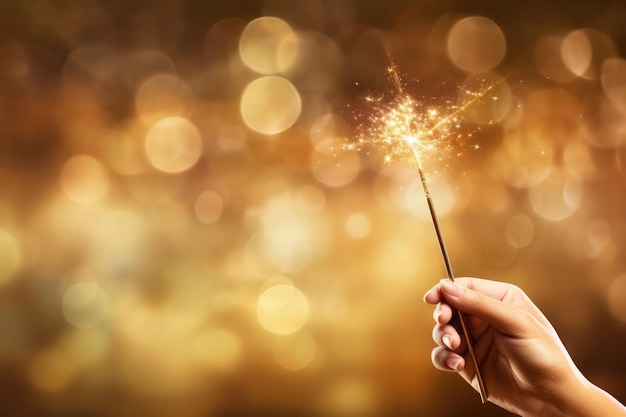 Фото Блестящая магическая палочка на золотом фоне генеративный ии