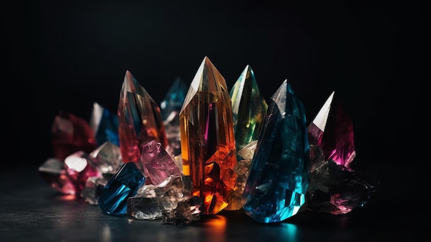 Sparkling multicolored mineral crystals with light rays isolated on black background AI generated