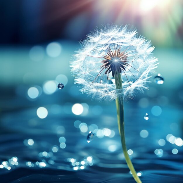 A sparkling oasis dandelion reflected in a blue water droplet