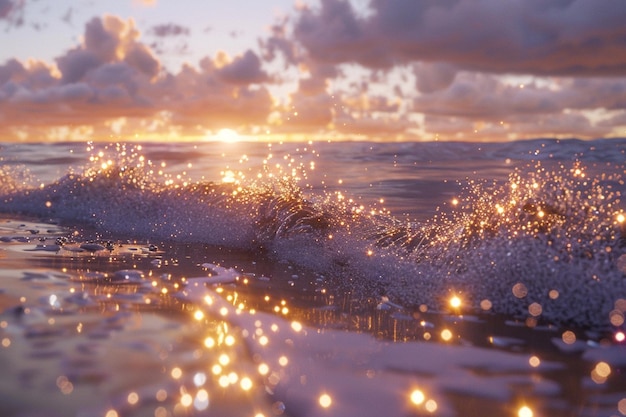 Sparkling ocean waves crashing on the shore