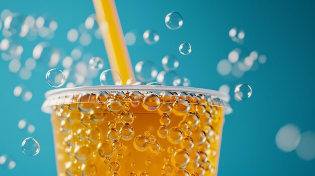 Photo sparkling orange juice with straw in disposable cup and bubbles on turquoise background