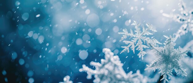 氷 の 青い 背景 に 輝く 雪花