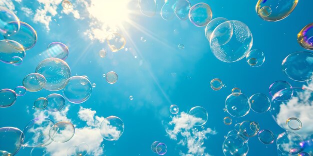 Sparkling soap bubbles floating up towards a sunny blue sky freedom and joy in a summer atmosphere picture perfect for cheerful content AI