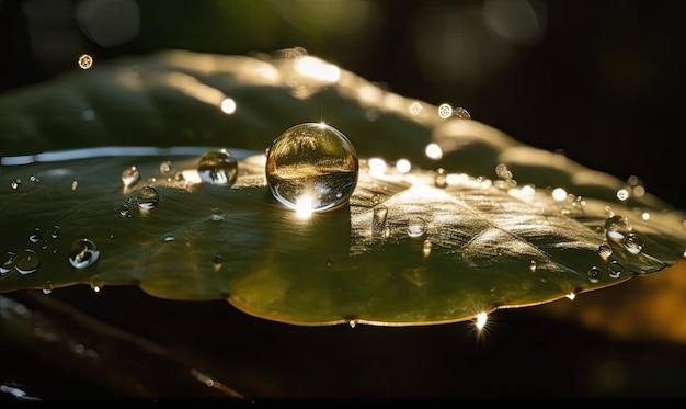 Sparkling water drop with sunburst on a leaf Creating using generative AI tools