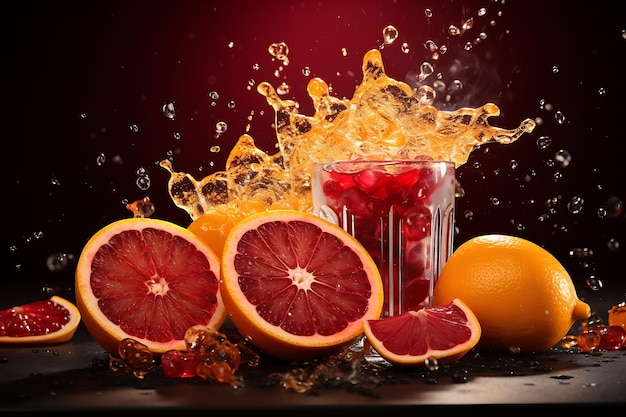 Sparkling water falls on juicy red orange which stands on black table