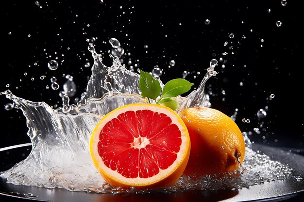 Sparkling water falls on juicy red orange which stands on black table