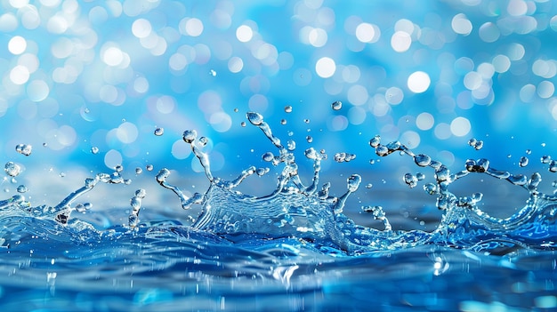 Sparkling water splash on blue background with light bokeh