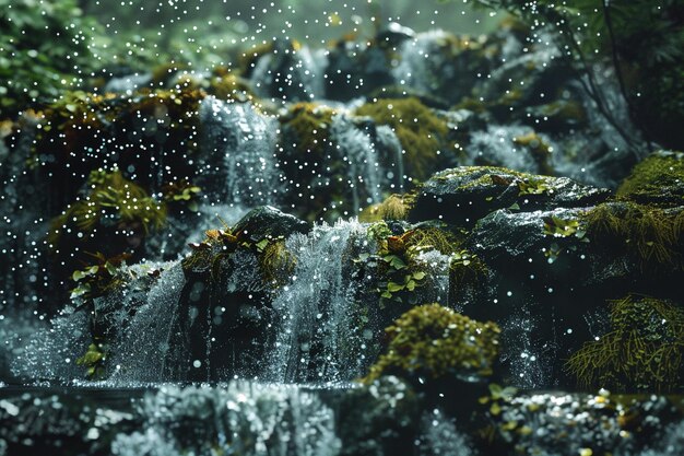 Foto una cascata scintillante che scende in cascata sulle rocce muschiose