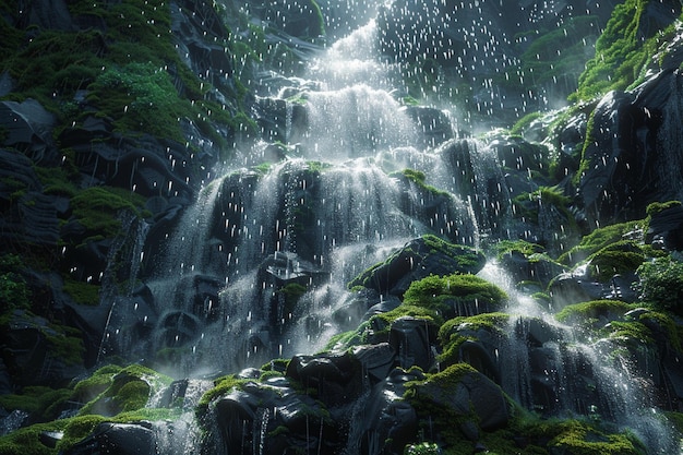 Foto una cascata scintillante che scende in cascata sulle rocce muschiose