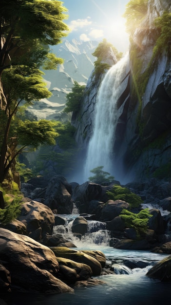 Sparkling waterfall in a sunlit gorge wallpaper for the phone