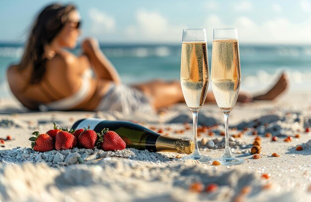 Foto bacche di vino frizzante e una ragazza che prende il sole sulla spiaggia vacanze estive