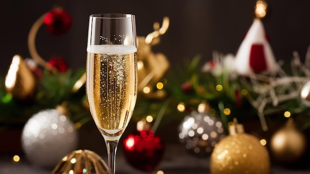 金色の色彩のスタイリッシュなクリスマス装飾の背景に,フルートグラスにスパークリングワイン