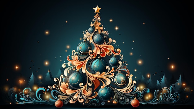 Foto disegno di albero di natale scintillante sullo sfondo scuro