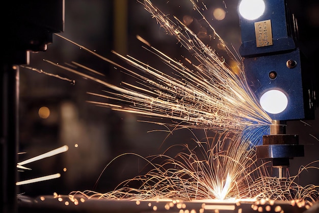 Sparks from welding during metal processing on the machine at\
the factory