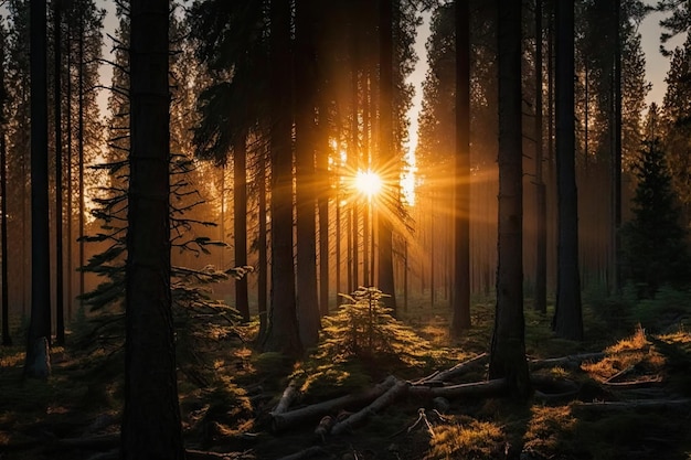 Sparrenbos bij zonsopgang met de zon die door de bomen schijnt