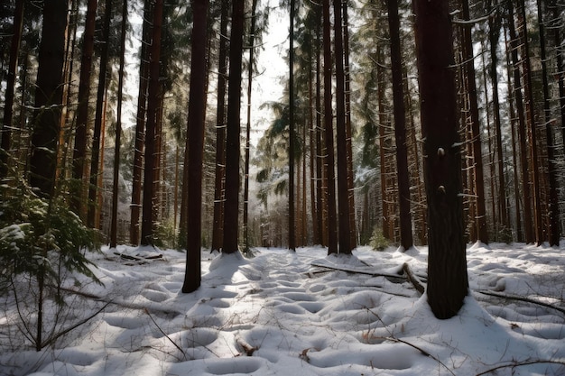 Sparrenbos in de winter met een deken van sneeuw op de grond