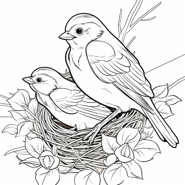 Foto uccelli passeri seduti nidi disegnano pagine da colorare arte generata dall'intelligenza artificiale