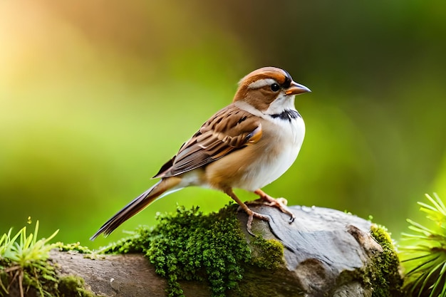 A sparrow sits on a branch with a green background.