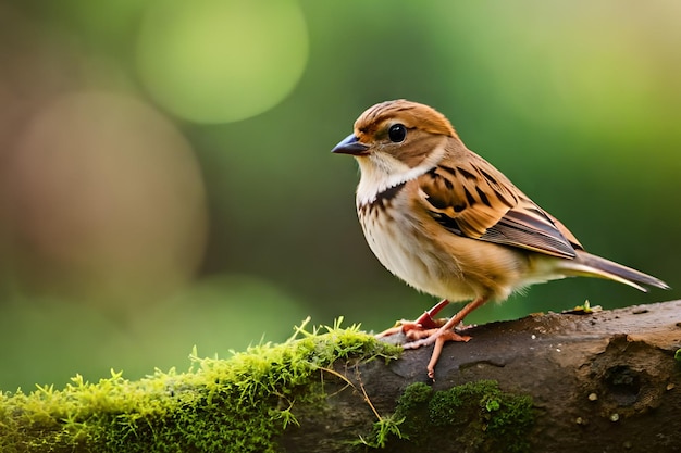 A sparrow sits on a branch with green moss.