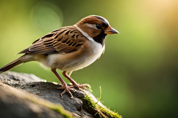 A sparrow sits on a log in the sun