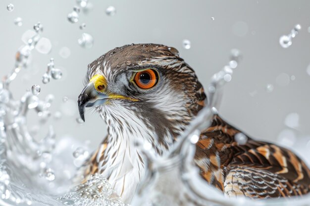 Photo a sparrowhawk bathes splashing droplets