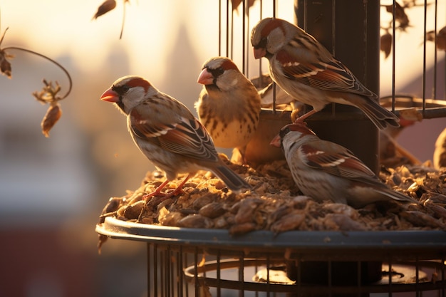 Photo sparrows feeding in feeders