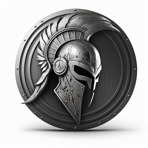 Spartaanse helm embleem illustratie in zilveren cirkel, logo, witte achtergrond. Generatieve AI