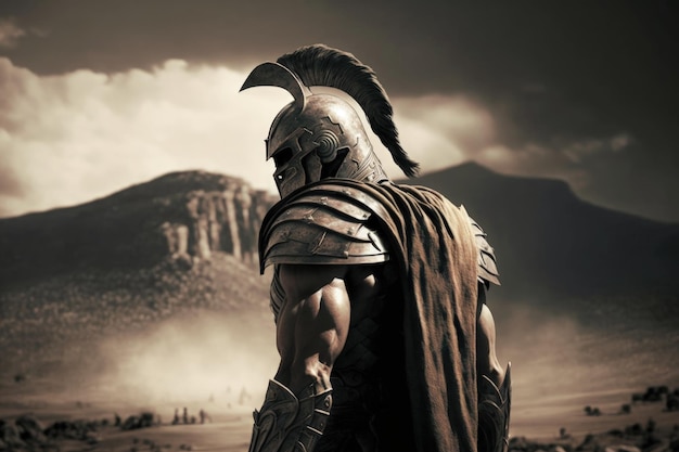 Spartaanse soldaatillustratie met helm en slagveld op de achtergrond Generatieve AI