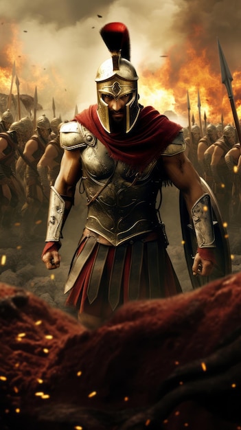 Spartan in front of his army on battlefield