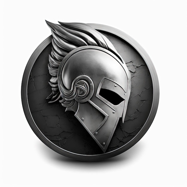 Spartan helmet emblem illustration in silver circle, logo, white background. Generative AI