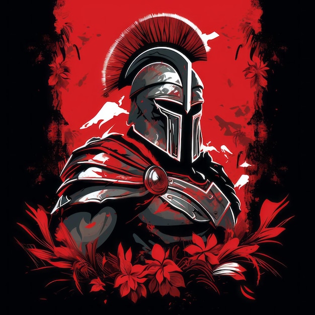 Spartan Soldier Art behang met gedurfde grafische stijl met bloemenaccenten