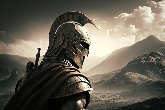 Spartan soldier illustration with helmet and battlefield in background Generative AI